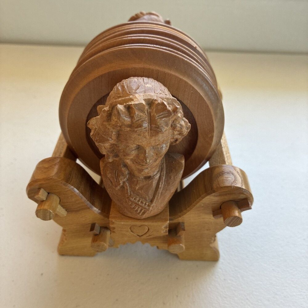 MCM Coasters / Wooden / Set Of 8 With Carved Stand / Weight 13 Oz